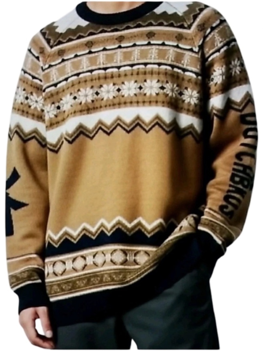 Dutch Bros Coffee Fair Isle Sweater Tan Navy XL Winter Holiday Preppy Festive